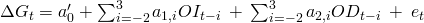   \Delta G_{t}=a_{0}'+\sum_{i=-2}^{3}a_{1,i}OI_{t-i}\:+\:\sum_{i=-2}^{3}a_{2,i}OD_{t-i}\:+\:e_{t}  